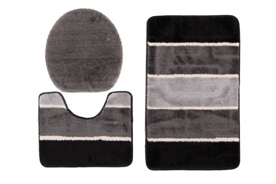 Dywanik Łazienkowy zestaw 3-częściowy zestaw MULTI C5020 BLACK GREY - antypoślizgowy, paski, czarny, szary