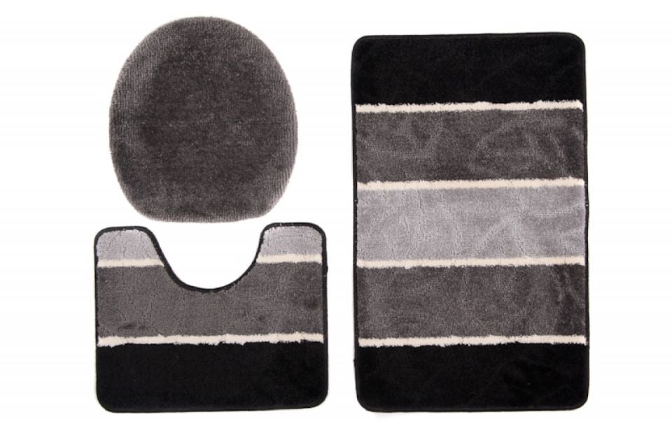 Dywanik Łazienkowy zestaw 3-częściowy zestaw MULTI C5132 BLACK GREY - antypoślizgowy, paski, czarny, szary