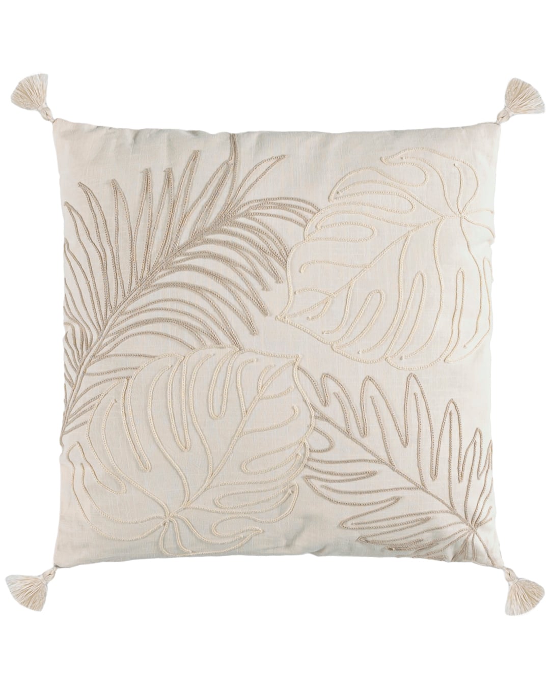 Poduszka dekoracyjna z wkładem, 45x45 cm - Monstera Crema - z frędzlami, motyw roślinny, beżowa