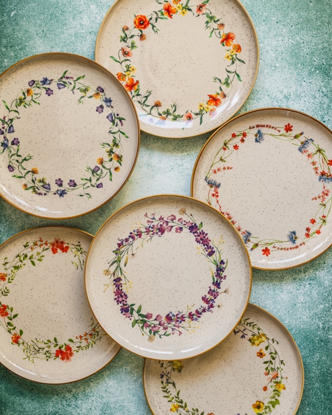 Talerze obiadowe, okrągłe 27 cm Zestaw 6 szt. - Fiori Gusto - beżowe, polne kwiaty, motyw kwiatowy, mix wzorów