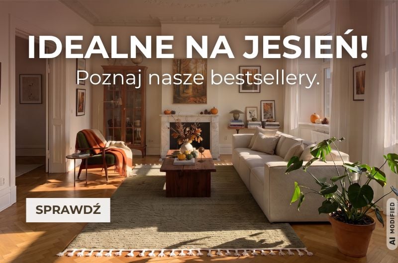 Zielony dywan do salonu w przytulnej jesiennej aranżacji wnętrza