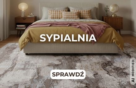 Sypialnia &ndash; nowoczesny abstrakcyjny dywan przy ł&oacute;żku w sypialni